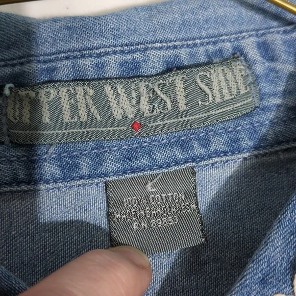 🟢 Upper West Side sz large Vintage denim long sleeve shirt w/ applique InvW028 - Picture 6 of 7